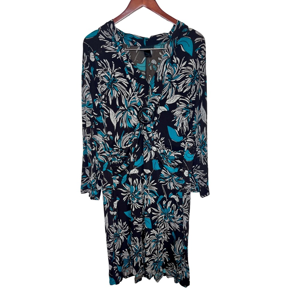 Lane Bryant Size 26 28 Black Teal Floral Faux Wrap Dress Long Sleeve Ring Detail